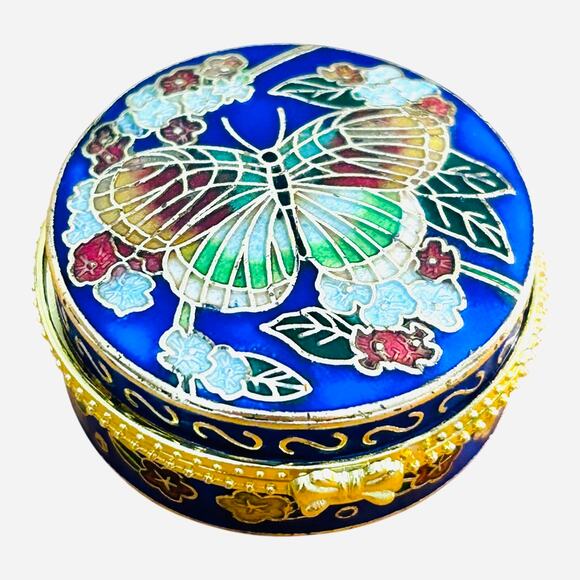 Vintage Blue Gold Tone Cloisonne Butterfly Round Pill Box Trinket Box - Picture 1 of 8